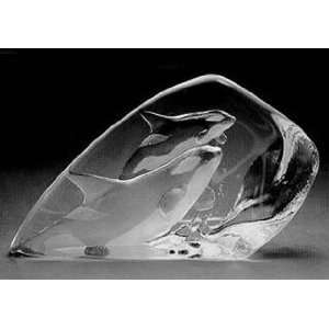 Orcas Whales Etched Crystal Sculpture by Mats Jonasson  