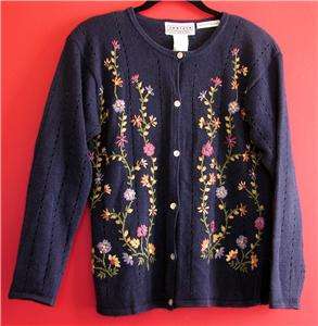 Jantzen Petite Blue Embroid Cardigan Sweater Womens PS  