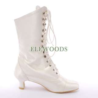   vintage Genuine Leather Satin Short Boots Wedding shoes with Lace Up