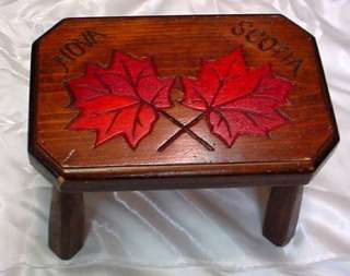 Hand Carved Foot Stool Nova Scotia Folk Red Maple Leaf  