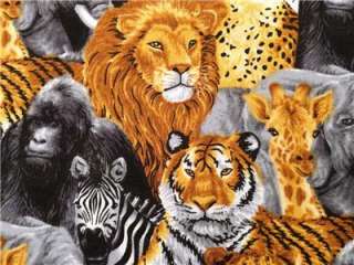 New Jungle Animals Fabric 1/2 Yard Wildlife Gorilla Lion Tiger Cheetah 