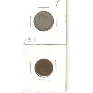   1907 LIBERTY NICKEL AND INDIAN HEAD CENT SET, 
