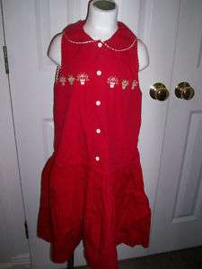 Jacadi Euro Girls Red Flower Pot Button Dress girl 10 8  