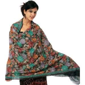 Black Shawl with Kantha Stitch Embroidered Flowers   Pure 