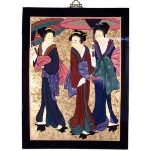 Asian Oriental Lacquered Painting Wall Art Plaque (Japanese Geishaes)