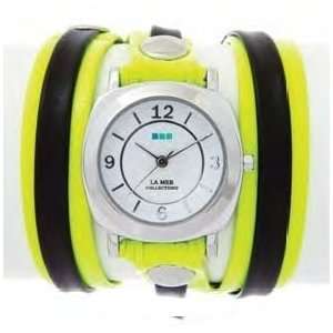   Authentic La Mer Collection Womens Black Neon Yellow Layer Wrap Watch
