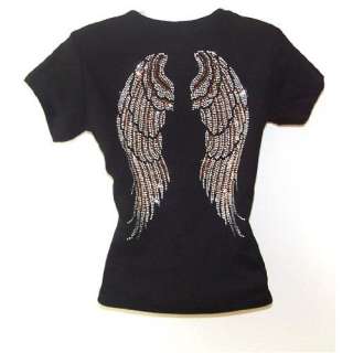  Angel Wing Rhinestone Black Womens T Shirts Top Clothing