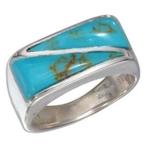   Sterling Silver Mens Raised Rectangular Turquoise Stone Ring Jewelry