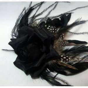  NEW Black Rose with Feathers Hair Flower Clip, Limited 