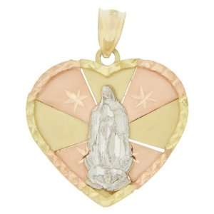 14k Tricolor Gold, Virgin Mother Mary Guadalupe Pendant Charm Heart 