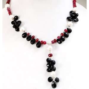   Beautiful Handcrafted Pearl, Ruby & Sapphire Drops Beaded Necklace