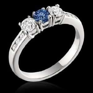  1.00 ct. white blue diamonds three stone ring 14K white 