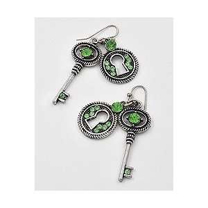   Tone ~ Green Rhinestone Encrusted Key Dangle Earrings 