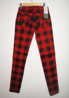 These skinny denim pants feature a red plaid print, 5 pocket styling 