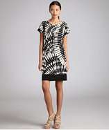 Donna Morgan black and tan printed jersey cap sleeve side knot dress 
