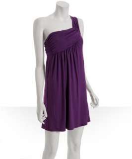 style #301513301 purple ruched jersey one shoulder dress