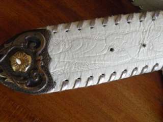 Vtg White Tooled Leather BELT Silver Gold Buckle sz M  