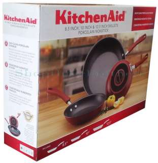 New 3 KitchenAid Nonstick Skillets Cookware Frying Pans Red Set  