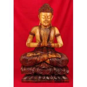 Miami Mumbai Buddha Sitting On Lotus   Two Tone Teak   32 Wood Statue 
