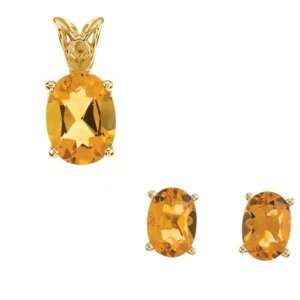  14K Yellow Gold Citrine Pendant and Earring Set Jewelry