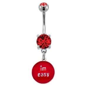 Red Crystal Prong Set Belly Ring with Dangling Red Im Easy Button 