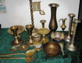 Asian Brass and Silver Vases, Bowls, Candlesticks, Incense Burner Lot 