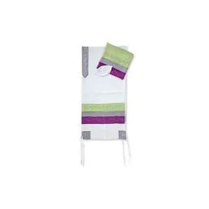  White Tallit Set with Purple and Green Stripes and Roses 