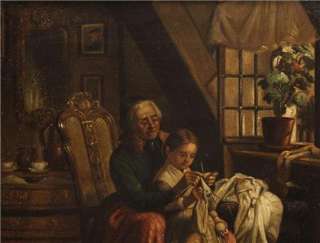   European German Original Oil Painting Grandmother & Child  