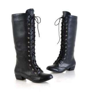 Womens PU Leather Low Heel Zipper Lace Up Knee High Boots Shoes US 
