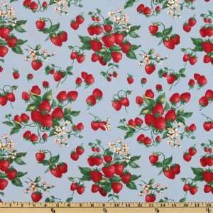  44 Wide Strawberry Picnic Large Strawberries Blue Fabric 