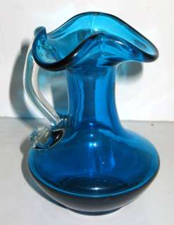 ANTIQUE RAINBOW BLUE BLOWN W VIRGINIA ART GLASS PITCHER  