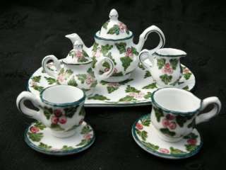 Vtg Dollhouse Porcelain Tea Set Leaves Berries 10 pcs  