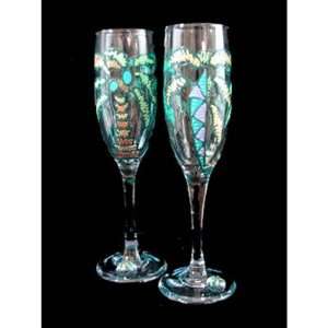  Party Palms Design   Hand Painted   Toasting Flutes   6 oz 