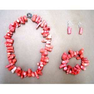  Pink Rose Coral Branch Bead Necklace, Bracelet & Earring 