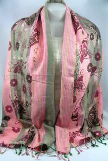 Thai Hand Woven 100% Cotton Scarf/Wrap Size 20x66 Pink/Gray Flower 