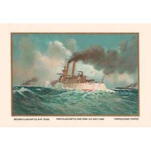 Vintage Art Battleship Texas, Battleship Iowa, and Torpedoboat Porter 
