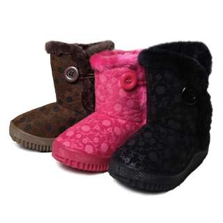   Baby Toddler Girls Flower Pattern Round Toe Faux Fur Suede Fuzzy Boots