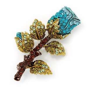   Teal Blue Swarovski Crystal Rose Brooch (Gold Plated Metal) Jewelry