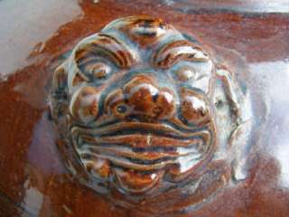 LION MASK Antique TAJAU JAR Asia Chinese Glazed Pot Ceramic Porcelain 