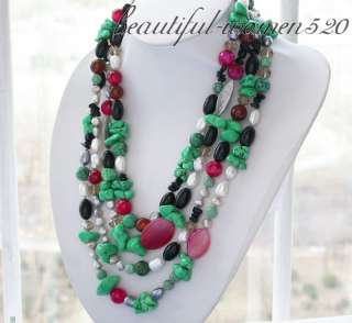 4row 23 green turquoise pink black agate gray white pearl NECKLACE 