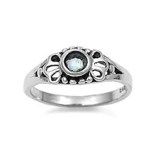  Silver Baby Ring with Aquamarine CZ   2mm Band Width   5mm Face 