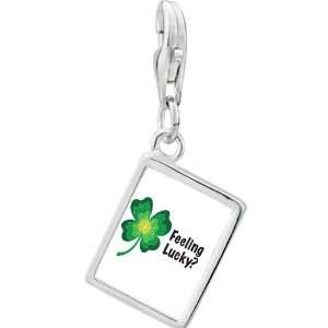   Sterling Silver Feeling Lucky Irish Clover Photo Rectangle Frame Charm