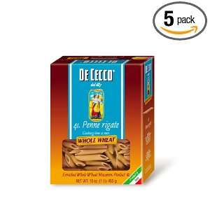 De Cecco Pasta, Whole Wheat Penne Rigate, 16 Ounce Boxes (Pack of 5 
