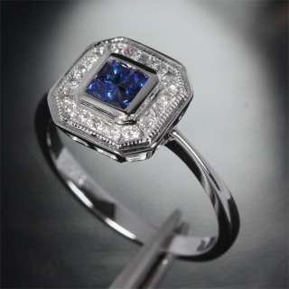   Cut SAPPHIRE & DIAMOND  14K WHITE GOLD Invisible Engagement Halo RING