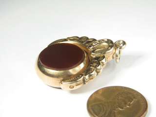 ANTIQUE 9K GOLD AGATE SPINNER SEAL FOB CHARM HORSESHOE  