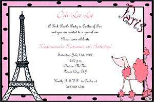 Girls Pink Poodle Party Invitations~Paris~Eiffel Tower  