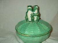 Double Frog Majolica Basketweave Pottery Bowl w/ Lid  