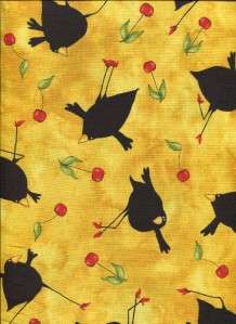 BLACKBIRDS & CHERRIES ON GLD/YELLOW Cotton Quilt Fabric  