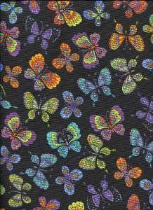 BUTTERFLIES IN BRIGHT COLORS ON BLK Cotton Quilt Fabric  