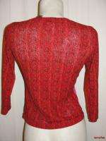   RELAXED Red Black BOHO Bohemian 3/4 Sleeve Shirt Top Size S Small